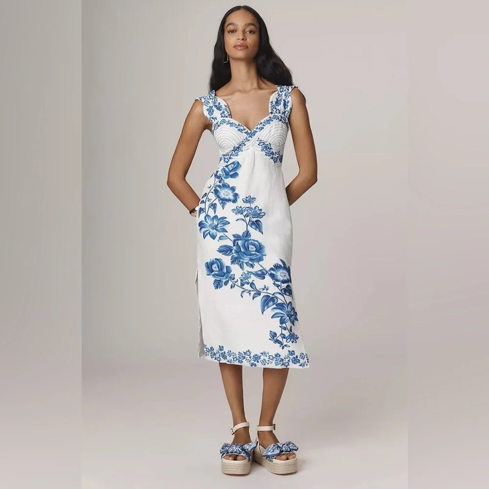 FARM Rio Off-White Floral Cascade Wavy Euroflax Premium Linen Midi Dress - Picture 5 of 10